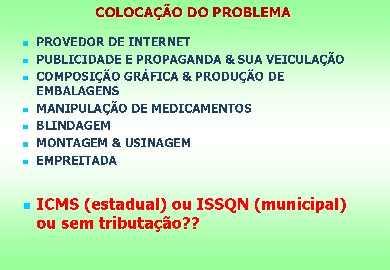 COLOCAÇÃO DO PROBLEMA n n n n PROVEDOR DE INTERNET PUBLICIDADE E PROPAGANDA &