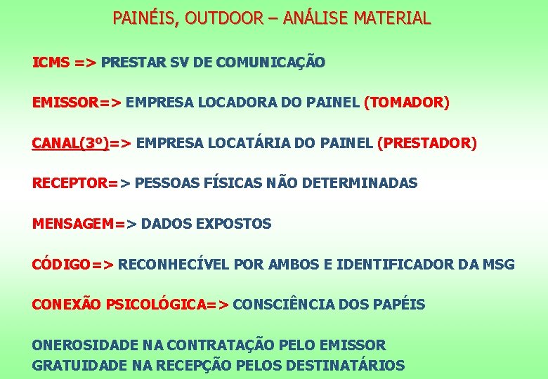 PAINÉIS, OUTDOOR – ANÁLISE MATERIAL ICMS => PRESTAR SV DE COMUNICAÇÃO EMISSOR=> EMPRESA LOCADORA