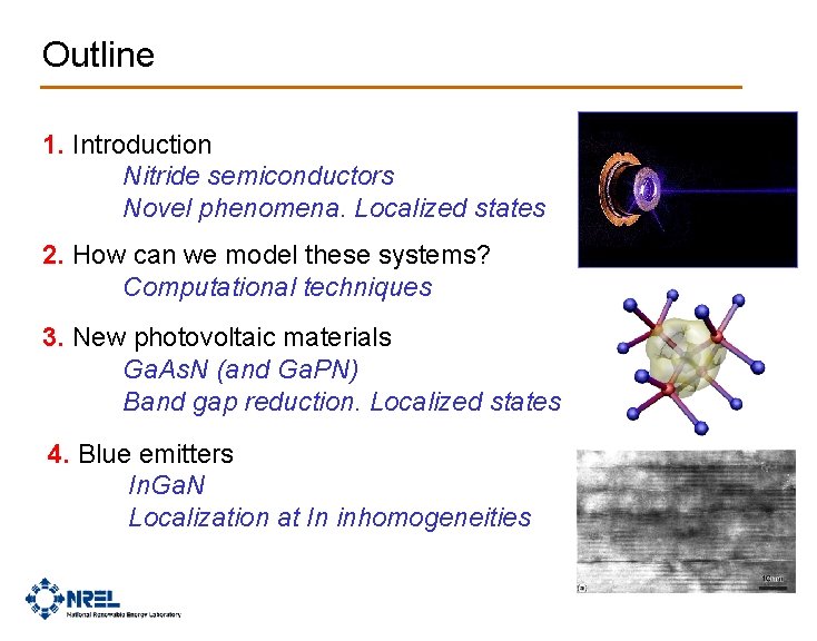 Outline 1. Introduction Nitride semiconductors Novel phenomena. Localized states 2. How can we model