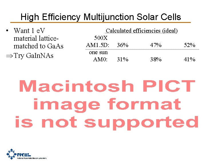 High Efficiency Multijunction Solar Cells • Want 1 e. V material latticematched to Ga.