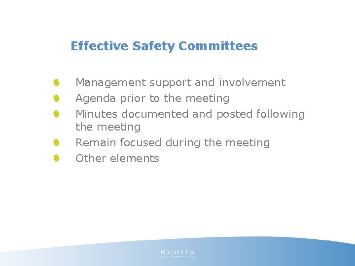 Effective Safety Committees Management support and involvement Agenda prior to the meeting Minutes documented