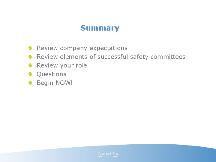 Summary Review company expectations Review elements of successful safety committees Review your role Questions