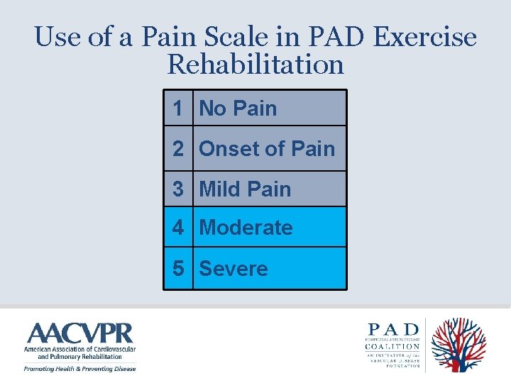 Use of a Pain Scale in PAD Exercise Rehabilitation 1 No Pain 2 Onset