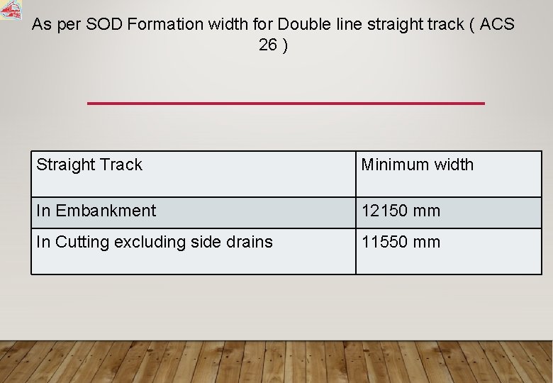 As per SOD Formation width for Double line straight track ( ACS 26 )