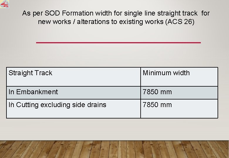 As per SOD Formation width for single line straight track for new works /