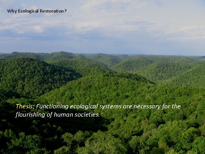 Why Ecological Restoration? Thesis: Functioning ecological systems are necessary for the flourishing of human