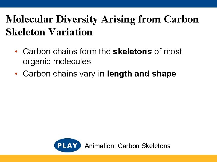 Molecular Diversity Arising from Carbon Skeleton Variation • Carbon chains form the skeletons of