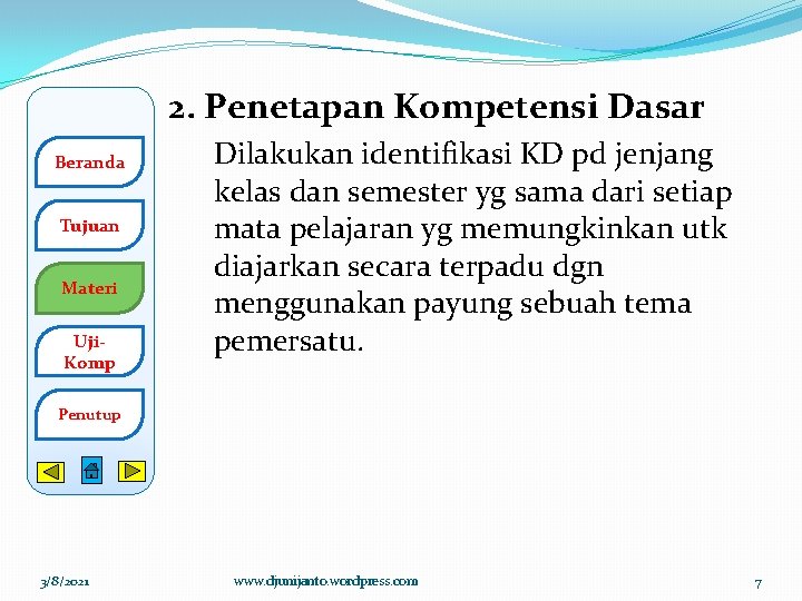 2. Penetapan Kompetensi Dasar Beranda Tujuan Materi Uji. Komp Dilakukan identifikasi KD pd jenjang