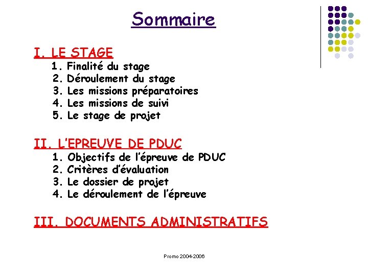 Sommaire I. LE STAGE 1. 2. 3. 4. 5. Finalité du stage Déroulement du