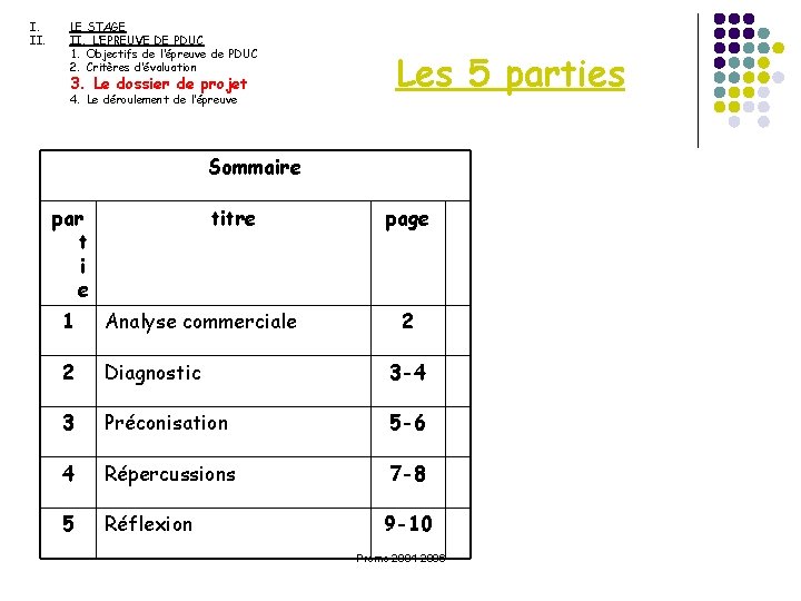 I. II. LE STAGE II. L’EPREUVE DE PDUC 1. Objectifs de l’épreuve de PDUC