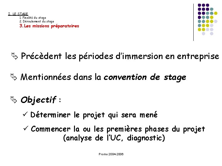 I. LE STAGE 1. Finalité du stage 2. Déroulement du stage 3. Les missions