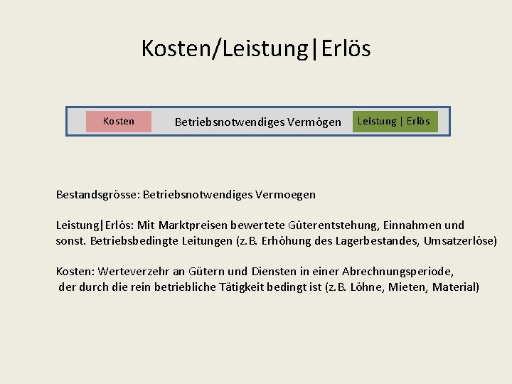 Kosten/Leistung|Erlös Kosten Betriebsnotwendiges Vermögen Leistung | Erlös Bestandsgrösse: Betriebsnotwendiges Vermoegen Leistung|Erlös: Mit Marktpreisen bewertete