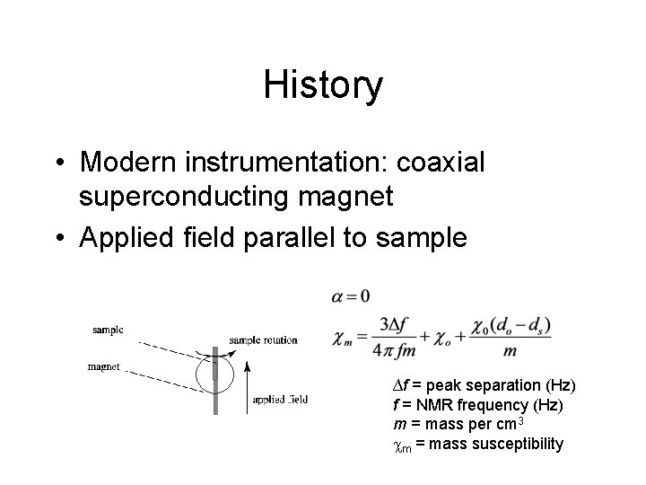 History • Modern instrumentation: coaxial superconducting magnet • Applied field parallel to sample ∆f