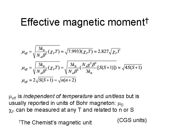 Effective magnetic moment† meff is independent of temperature and unitless but is usually reported