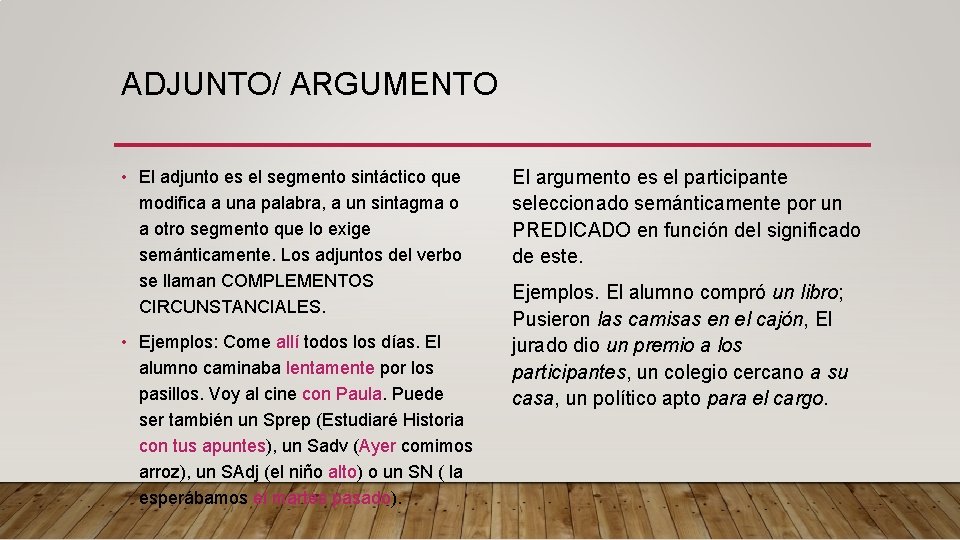 ADJUNTO/ ARGUMENTO • El adjunto es el segmento sintáctico que modifica a una palabra, ADJUNTO/ ARGUMENTO • El adjunto es el segmento sintáctico que modifica a una palabra,