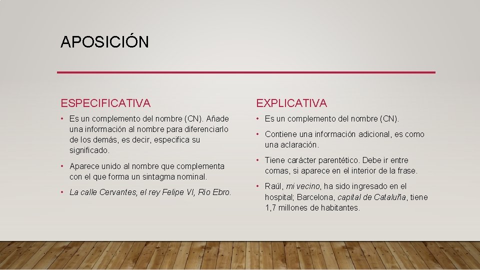 APOSICIÓN ESPECIFICATIVA EXPLICATIVA • Es un complemento del nombre (CN). Añade una información al APOSICIÓN ESPECIFICATIVA EXPLICATIVA • Es un complemento del nombre (CN). Añade una información al