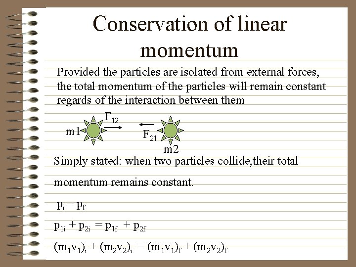 Conservation of linear momentum Provided the particles are isolated from external forces, the total