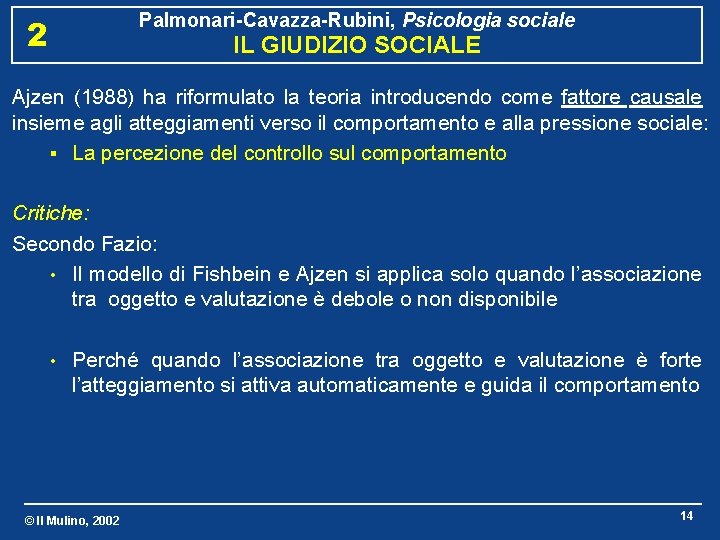 Palmonari-Cavazza-Rubini, Psicologia sociale 2 IL GIUDIZIO SOCIALE Ajzen (1988) ha riformulato la teoria introducendo