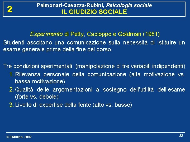 2 Palmonari-Cavazza-Rubini, Psicologia sociale IL GIUDIZIO SOCIALE Esperimento di Petty, Cacioppo e Goldman (1981)