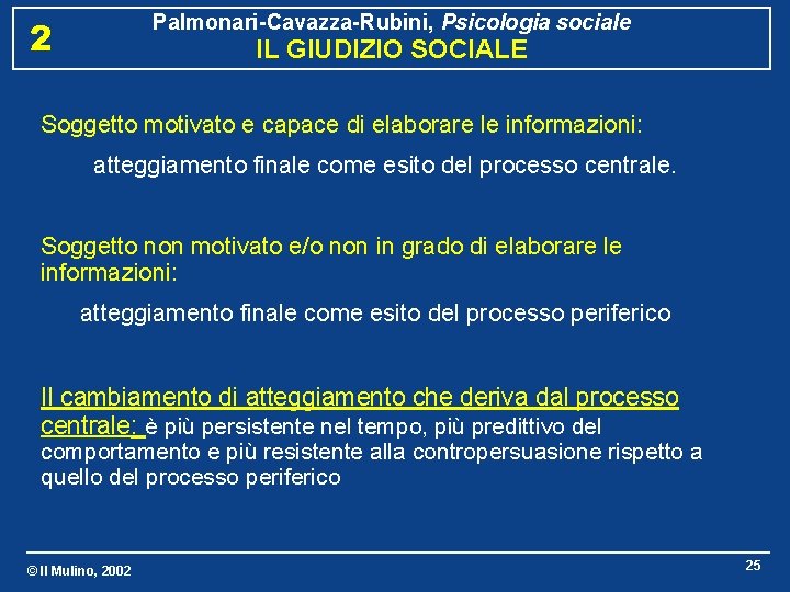 Palmonari-Cavazza-Rubini, Psicologia sociale 2 IL GIUDIZIO SOCIALE Soggetto motivato e capace di elaborare le