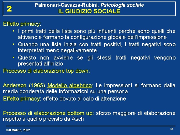 2 Palmonari-Cavazza-Rubini, Psicologia sociale IL GIUDIZIO SOCIALE Effetto primacy: • I primi tratti della