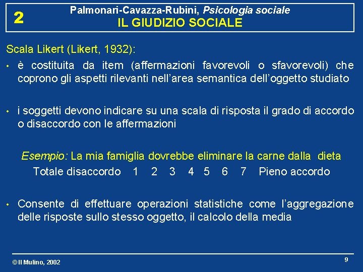2 Palmonari-Cavazza-Rubini, Psicologia sociale IL GIUDIZIO SOCIALE Scala Likert (Likert, 1932): • è costituita