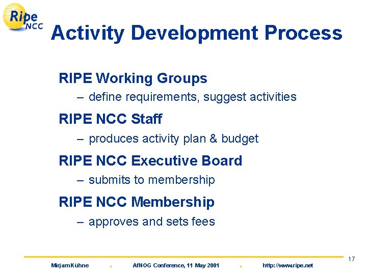 Activity Development Process RIPE Working Groups – define requirements, suggest activities RIPE NCC Staff