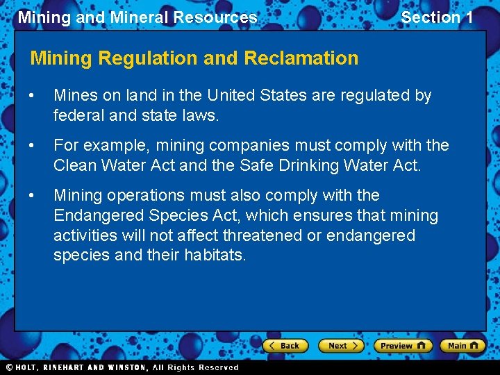 Mining and Mineral Resources Section 1 Mining Regulation and Reclamation • Mines on land