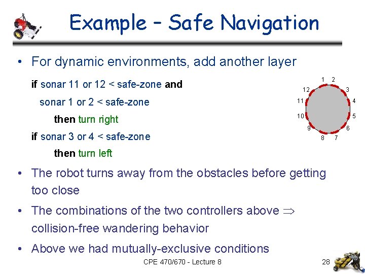 Example – Safe Navigation • For dynamic environments, add another layer if sonar 11