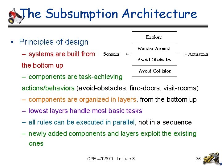 The Subsumption Architecture • Principles of design – systems are built from the bottom