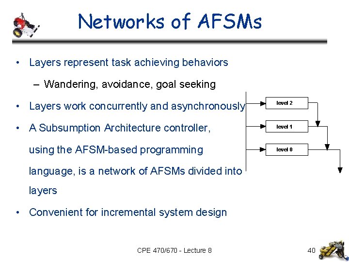 Networks of AFSMs • Layers represent task achieving behaviors – Wandering, avoidance, goal seeking