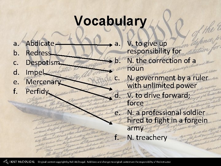 Vocabulary a. b. c. d. e. f. Abdicate Redress Despotism Impel Mercenary Perfidy a.