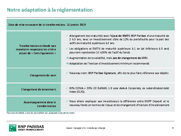Notre adaptation à la réglementation Date de mise en oeuvre de la transformation: 16