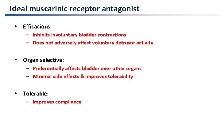 Ideal muscarinic receptor antagonist • Efficacious: – Inhibits involuntary bladder contractions – Does not