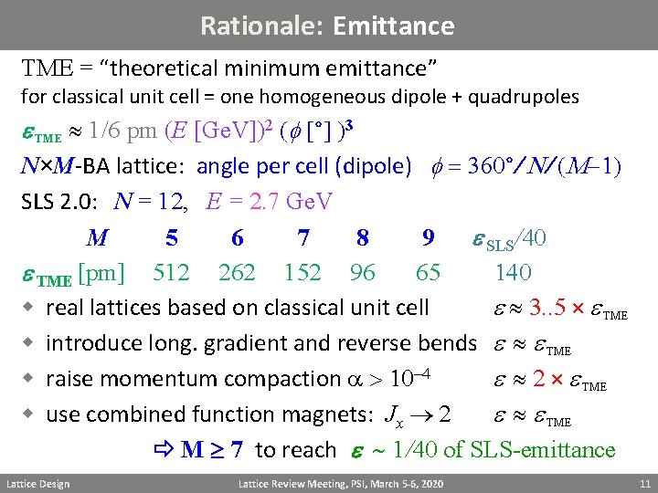 Rationale: Emittance TME = “theoretical minimum emittance” for classical unit cell = one homogeneous