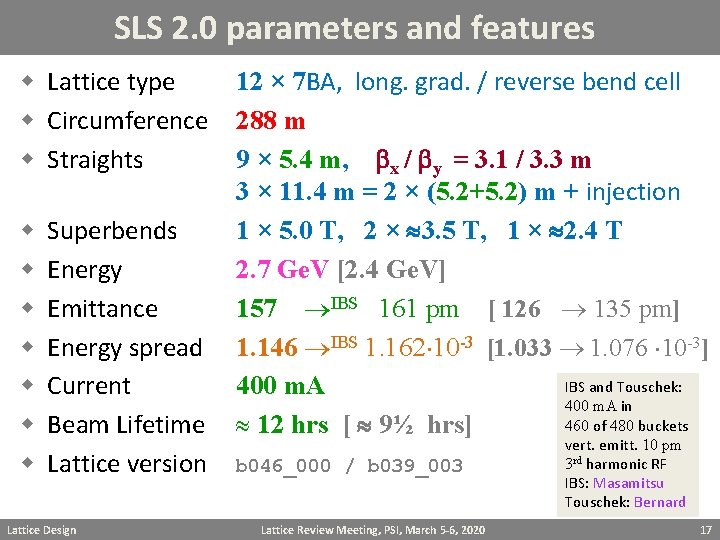 SLS 2. 0 parameters and features w Lattice type w Circumference w Straights w
