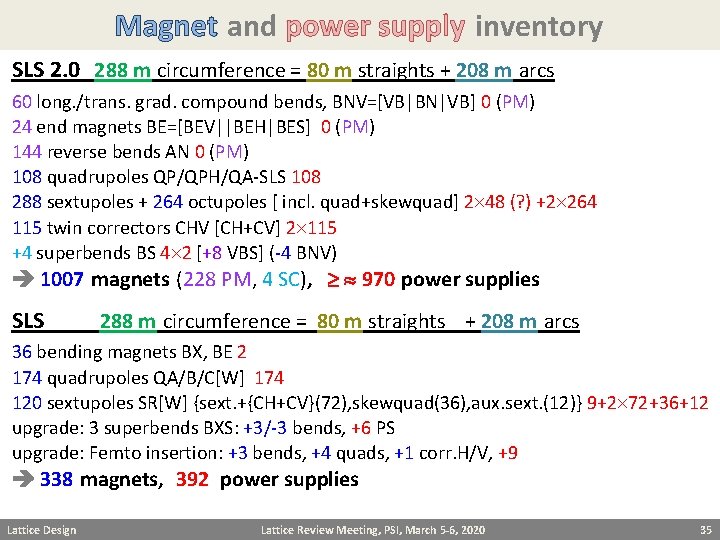 Magnet and power supply inventory SLS 2. 0 288 m circumference = 80 m