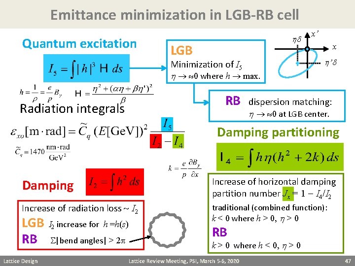 Emittance minimization in LGB-RB cell Quantum excitation hd LGB Minimization of I 5 h
