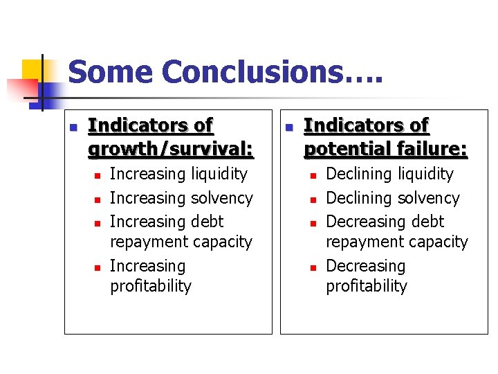 Some Conclusions…. n Indicators of growth/survival: n n Increasing liquidity Increasing solvency Increasing debt