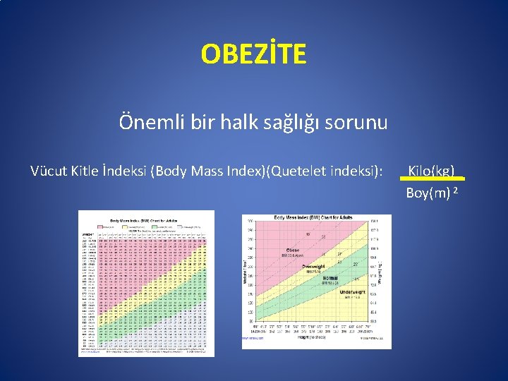 OBEZİTE Önemli bir halk sağlığı sorunu Vücut Kitle İndeksi (Body Mass Index)(Quetelet indeksi): Kilo(kg)