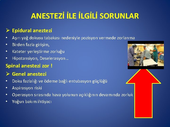 ANESTEZİ İLE İLGİLİ SORUNLAR Ø Epidural aneztezi • • Aşırı yağ dokusu tabakası nedeniyle