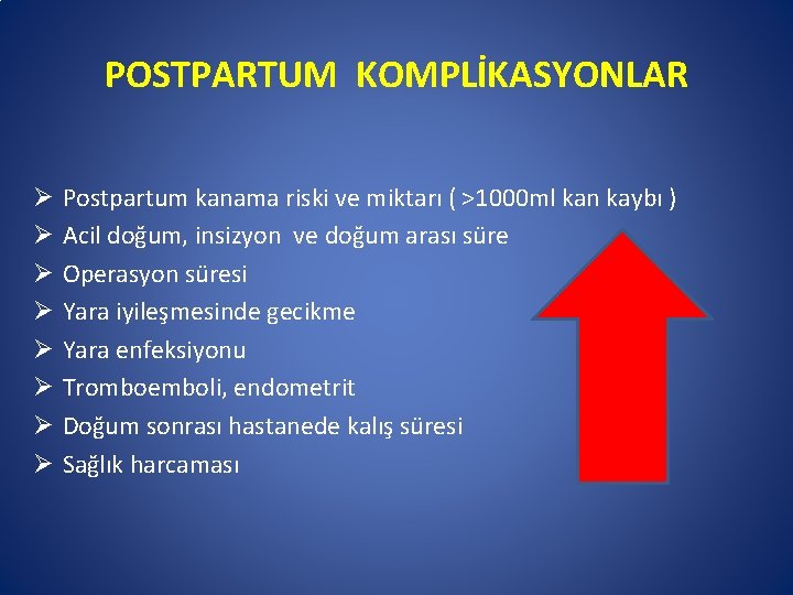 POSTPARTUM KOMPLİKASYONLAR Ø Ø Ø Ø Postpartum kanama riski ve miktarı ( >1000 ml