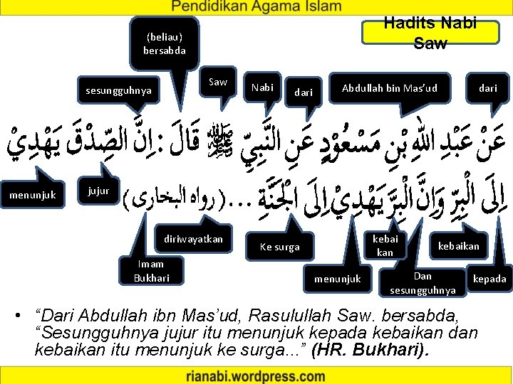 Hadits Nabi Saw (beliau) bersabda Saw sesungguhnya menunjuk Nabi dari Abdullah bin Mas’ud dari