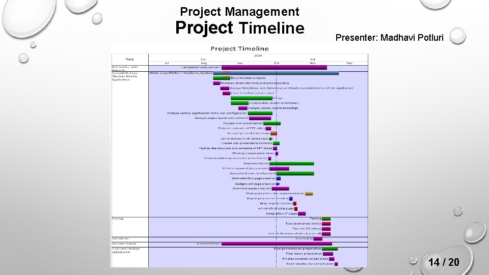 Project Management Project Timeline Presenter: Madhavi Potluri 14 / 20 