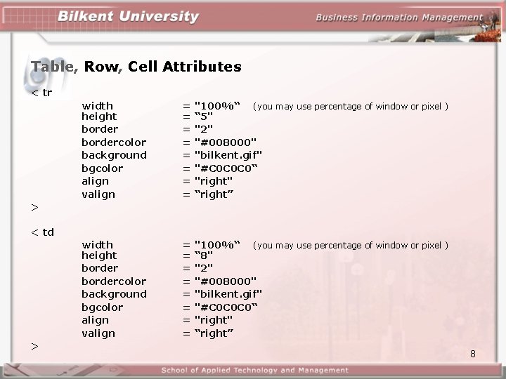 Table, Row, Cell Attributes < tr width height bordercolor background bgcolor align valign =