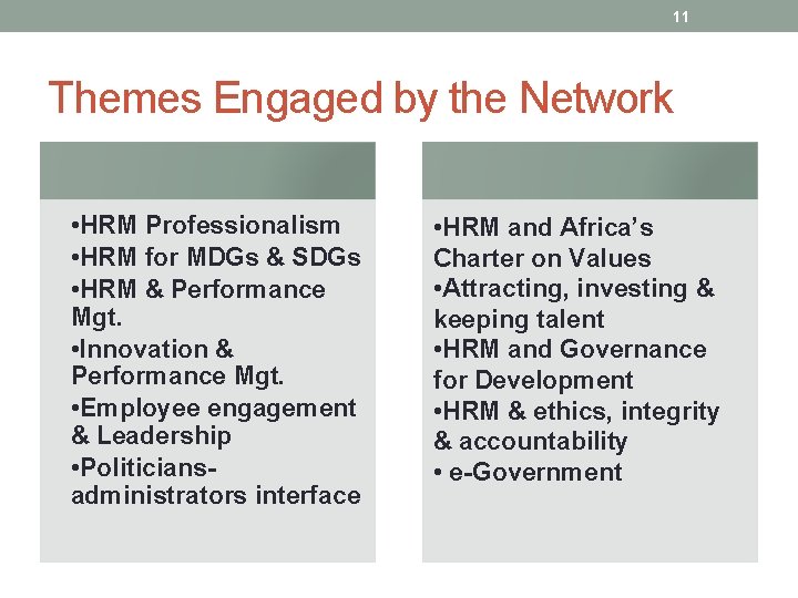 11 Themes Engaged by the Network • HRM Professionalism • HRM for MDGs &