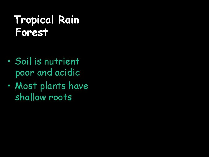 Tropical Rain Forest • Soil is nutrient poor and acidic • Most plants have