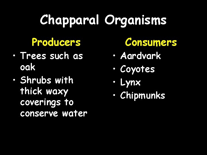 Chapparal Organisms Producers • Trees such as oak • Shrubs with thick waxy coverings