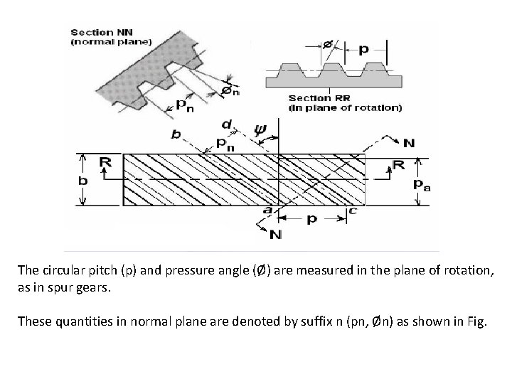 The circular pitch (p) and pressure angle (Ø) are measured in the plane of