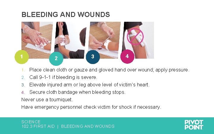 BLEEDING AND WOUNDS 1 2 3 4 Place clean cloth or gauze and gloved